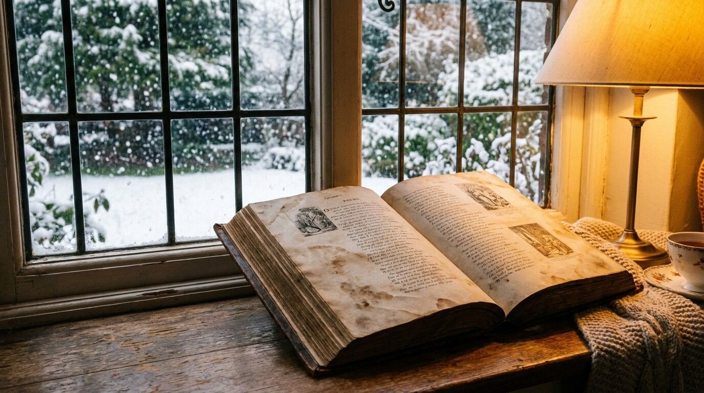 Aufgeschlagener alter Gedichtband auf einer Fensterbank, draußen Schneetreiben