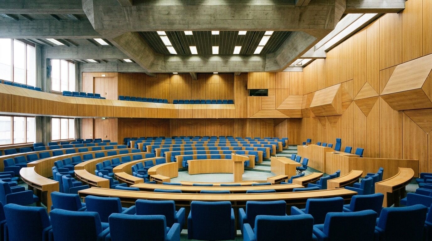 Blick in den leeren Plenarsaal des alten Bundestags in Bonn mit blauen Sitzreihen