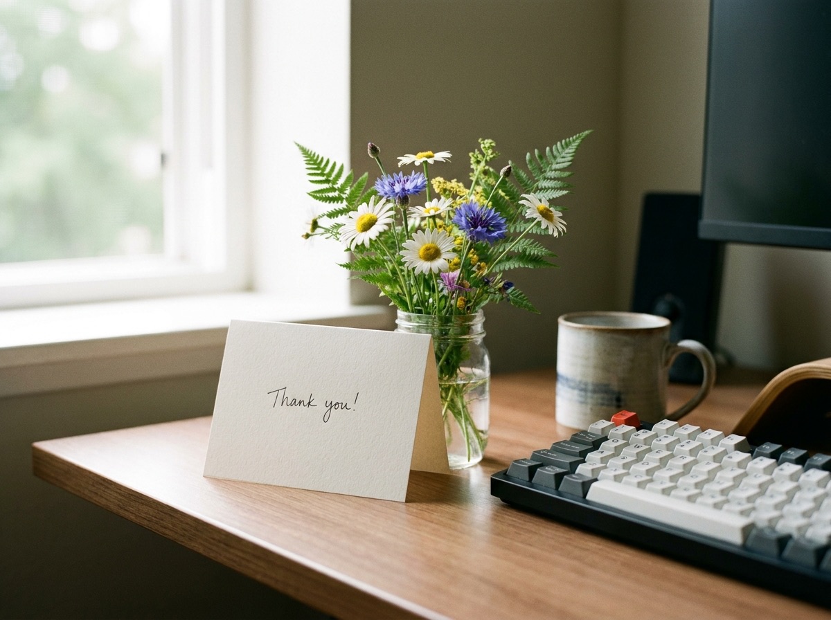 Handgeschriebene Dankeskarte lehnt an einem Glas mit Wiesenblumen auf einem Schreibtisch