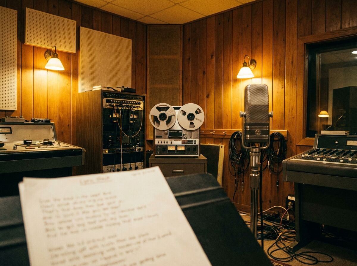 Tonbandgerät und Mikrofon in einem Aufnahmestudio der Sechziger
