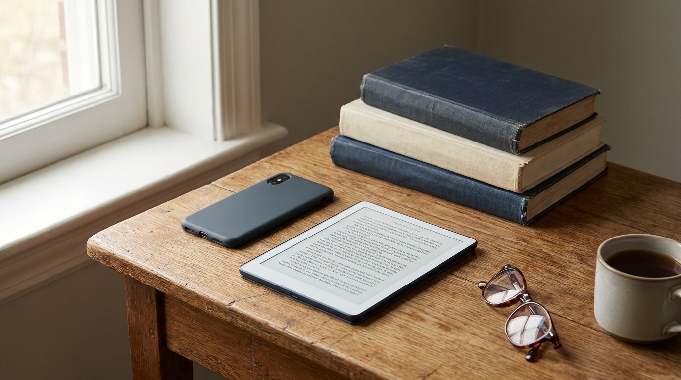 E-Reader mit einem klassischen Romantext neben gebundenen Büchern auf einem Holztisch