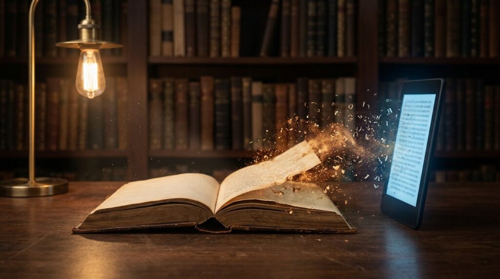 Aufgeschlagenes altes Buch vor einem Bildschirm mit digitalem Text als Sinnbild für Project Gutenberg