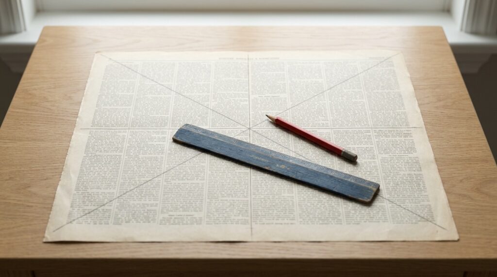 Gutenberg Diagramm: Blickführung im Layout erklärt Aufgeschlagene Zeitungsseite mit eingezeichneten vier Quadranten des Gutenberg Diagramms