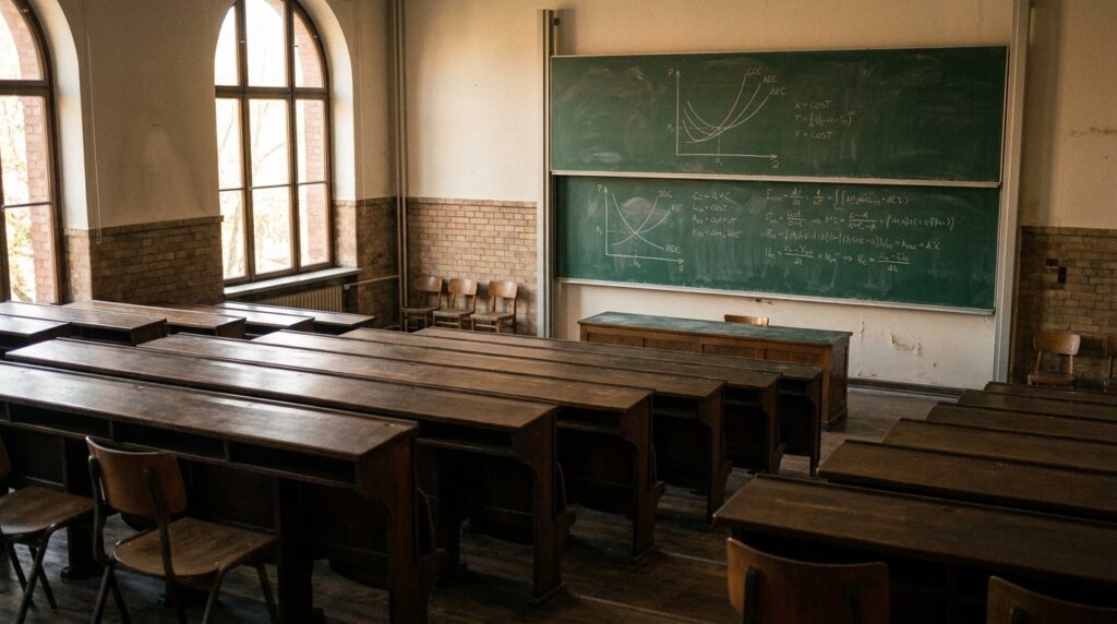 Erich Gutenberg: Begründer der modernen deutschen BWL Historischer Hörsaal einer Wirtschaftsfakultät mit Tafel voller Produktionskurven als Sinnbild für Erich Gutenberg