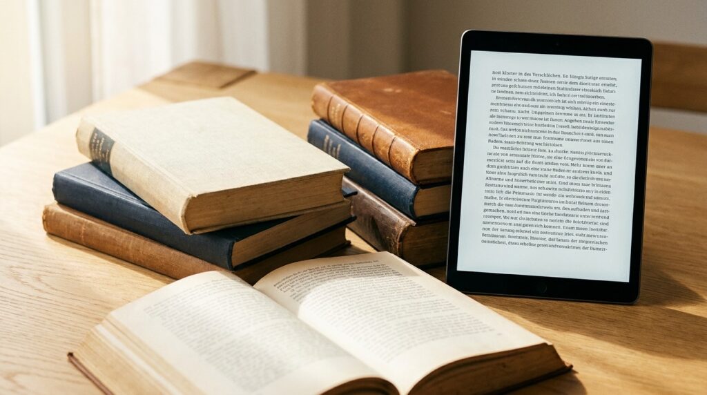 Projekt Gutenberg Vergleich: 7 freie Bibliotheken Aufgeschlagene Klassikerbände neben einem Tablet mit digitalem Volltext als Sinnbild für den Vergleich der Gutenberg-Projekte