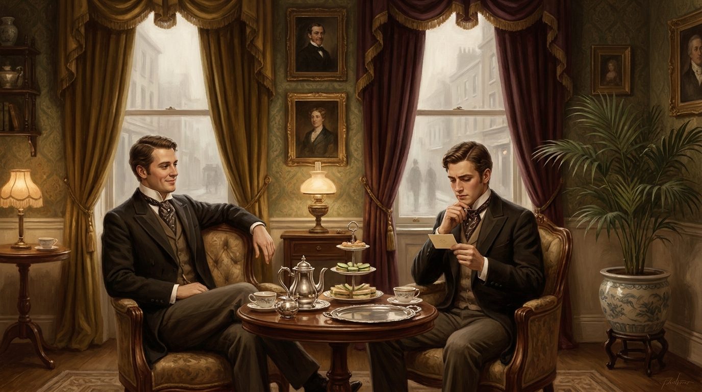 Salon eines viktorianischen Londoner Stadthauses mit Teetisch und zwei jungen Gentlemen im Gespräch, Szenerie zu Oscar Wildes Komödie Bunbury oder Ernst sein ist alles