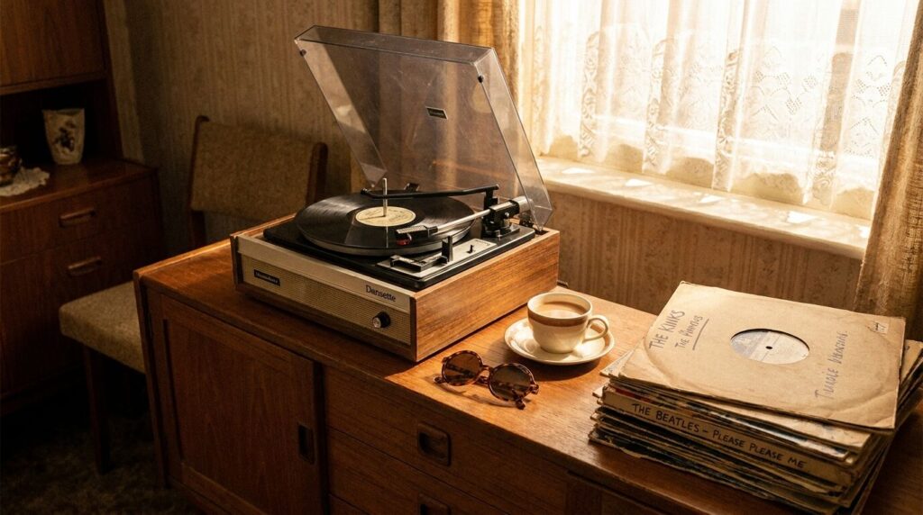 Beatles Zitate: 10 echte Zeilen mit Quelle und Bedeutung Vintage-Plattenspieler mit Beatles-Schallplatten in einem Wohnzimmer der Sechziger