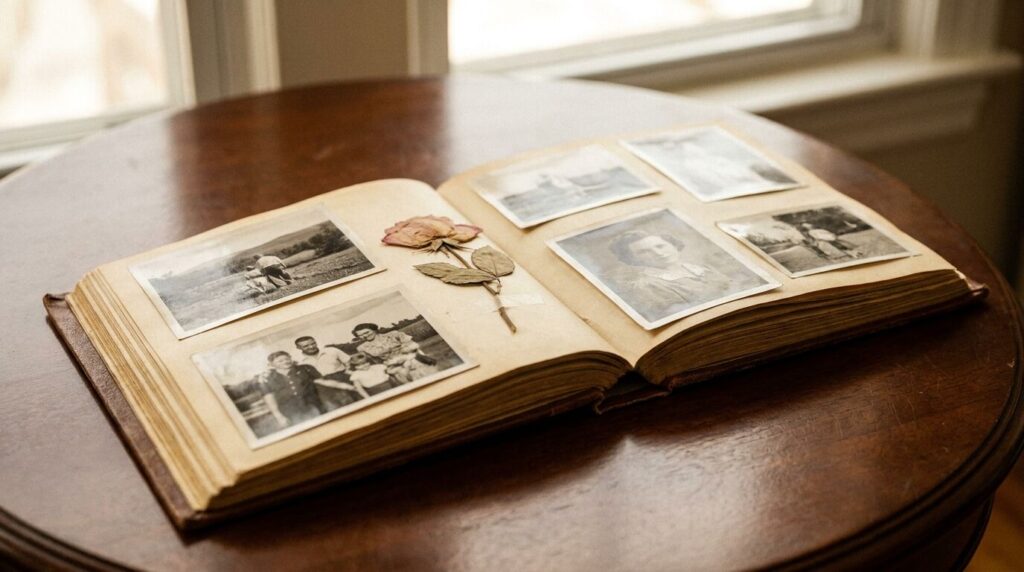 Aufgeschlagenes altes Fotoalbum mit Schwarzweißfotos und einem handgeschriebenen Zitat über Erinnerung
