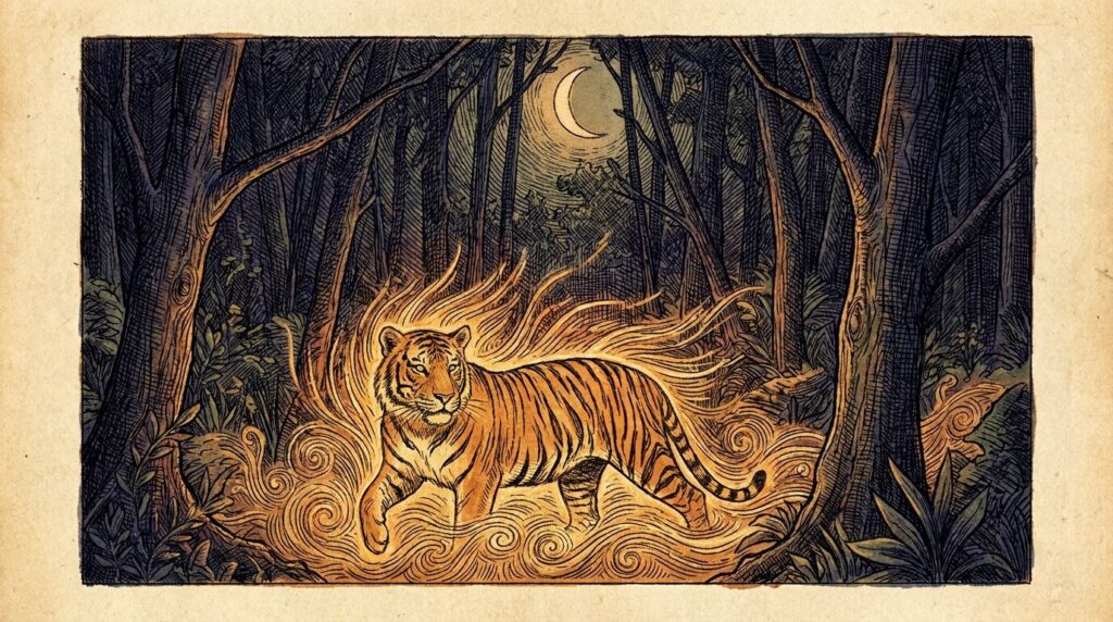 William Blake Zitate: 5 Mythen und die echten Verse Kupferstichartige Darstellung eines Tigers im nächtlichen Wald im Stil von William Blake, daneben ein handgeschriebener Vers