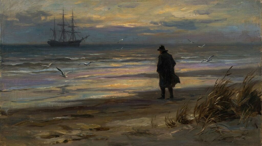 Am Strande Gedicht: Liliencron, Allmers, Storm und Rilke Einsame Gestalt am abendlichen Nordseestrand, Motiv zum Am Strande Gedicht