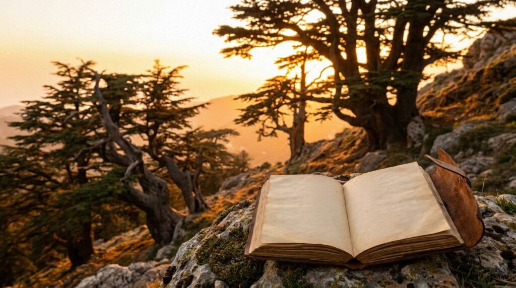 Alte Zedern im Libanon bei Abendlicht, davor ein aufgeschlagenes Buch mit Kalligrafie