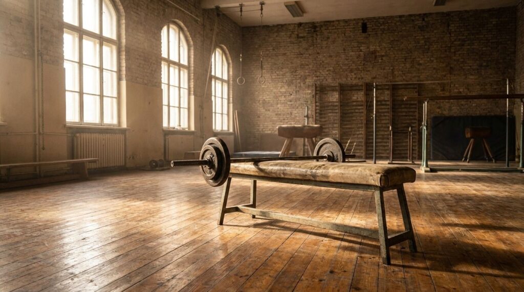 Training Zitate: 7 belegte Sprüche für Sport und Kopf Hantelbank in einer alten Turnhalle mit Morgenlicht, an der Wand eine gerahmte Tafel mit einem Zitat über Training