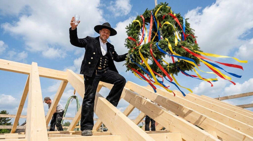 Zimmermann Sprüche: Richtspruch in 5 Schritten aufbauen Zimmermann in schwarzer Kluft steht auf dem Dachstuhl eines Rohbaus neben dem geschmückten Richtkranz und hebt ein Glas