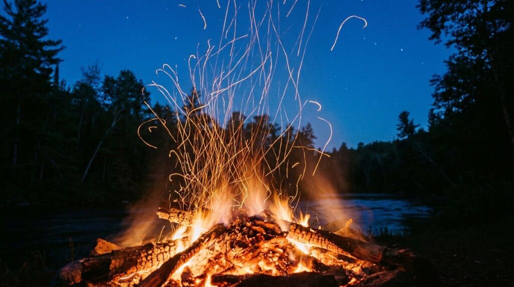 Funkenflug über einem Lagerfeuer bei Dämmerung, warme Farben, Sinnbild für Begeisterung
