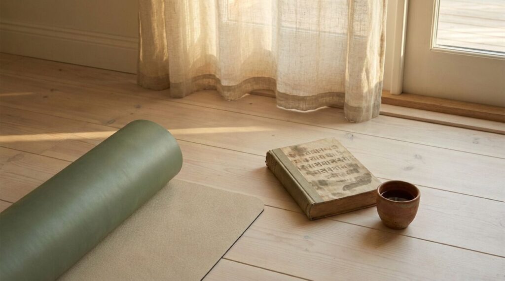 Yoga Zitate: 9 Weisheiten von Patanjali bis Iyengar Yogamatte im Morgenlicht auf einem Holzboden, daneben ein altes Sanskrit-Buch und eine Teetasse