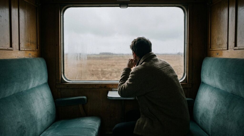 Person am Fenster eines Zugabteils, Blick auf eine leere Landschaft, ruhige Stimmung von Langeweile