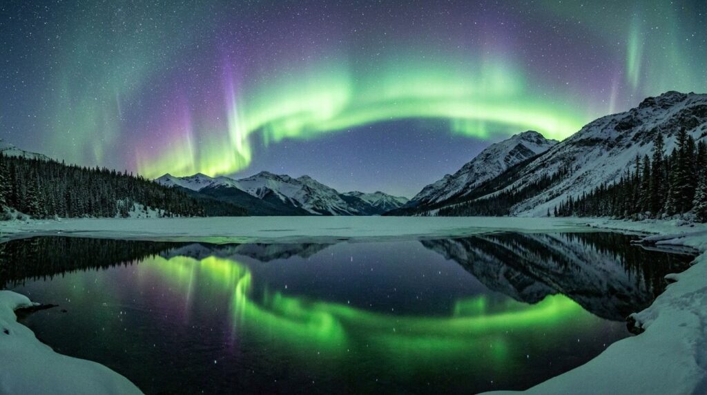 Faszinierende krasse Bilder: grünes Polarlicht über einem verschneiten Bergsee bei Nacht