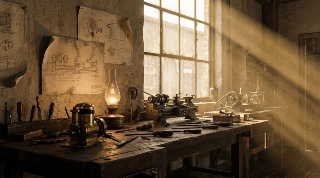 Inspirierende Robert Bosch Zitate: Weisheiten mit Quelle Historische Werkstatt für Feinmechanik in Stuttgart um 1886, Werkbank mit Magnetzünder und Messinginstrumenten