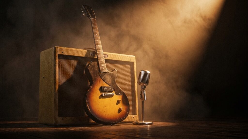 Rock n Roll Zitate: die besten Zeilen der Legenden Rock n Roll Zitate: E-Gitarre und Vintage-Mikrofon im warmen Bühnenlicht