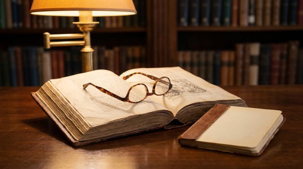 Zitat Literatur: Berühmte Buchzitate richtig belegt Zitat Literatur: aufgeschlagenes altes Buch mit Lesebrille und Notizheft auf einem Holztisch