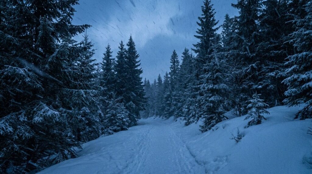 Windgedicht von Rilke: Es treibt der Wind im Winterwalde Windgedicht von Rilke: verschneiter Winterwald im Schneetreiben bei Dämmerung