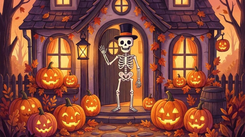 Lachendes Skelett mit Zylinder vor einer mit Kürbissen geschmückten Haustür, Motiv für die besten Skelett Sprüche für Halloween