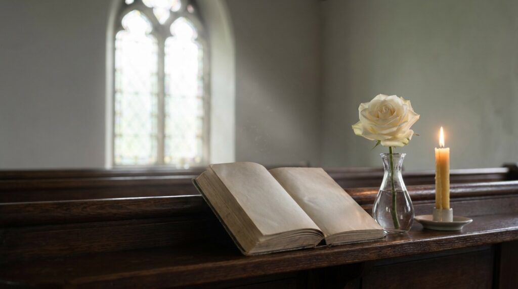 Gedichte für Trauerfeiern: 7 gemeinfreie Texte mit Quelle Aufgeschlagenes Gedichtbuch neben einer weißen Rose und einer Kerze auf einer Kirchenbank