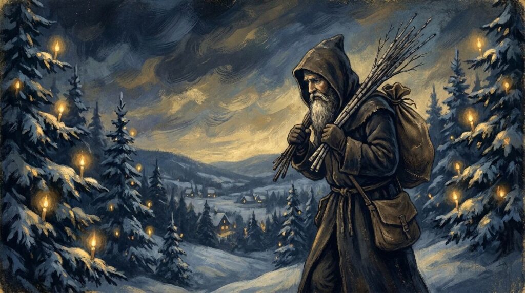 Knecht Ruprecht Gedicht: Text, Entstehung und Deutung Knecht Ruprecht mit Sack und Rute im verschneiten Tannenwald, Illustration zum Knecht Ruprecht Gedicht von Theodor Storm