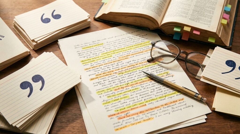 Zitate in Texte integrieren: die 3-E-Regel mit Beispielen Schreibtisch mit Manuskriptseite, markierten Passagen und Karteikarten mit Anführungszeichen