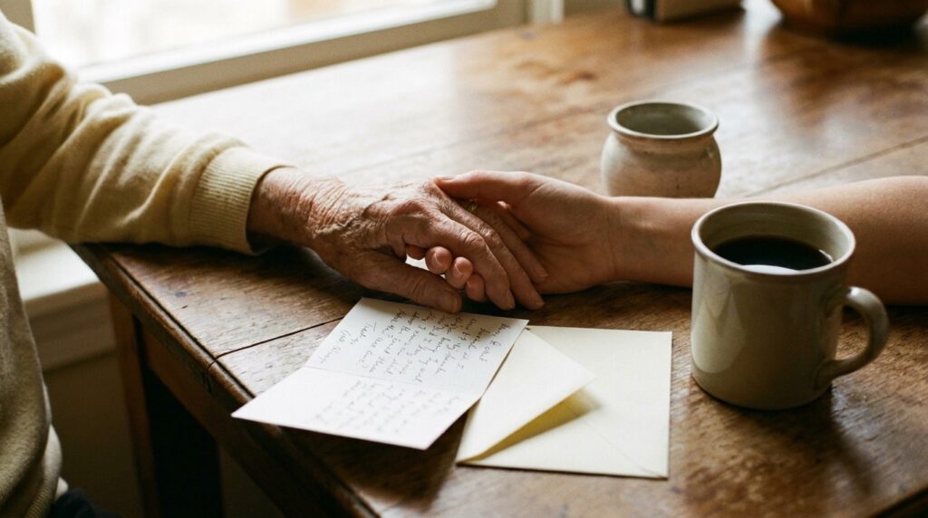 Sprüche für Hilfe und Unterstützung: Danke sagen mit Quelle Ältere und jüngere Hand übereinander auf einem Küchentisch neben einer handgeschriebenen Karte