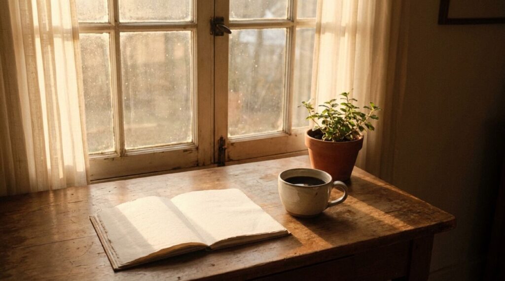Zitat positiv denken: 15 Zitate für mehr Optimismus Morgensonne fällt durch ein Fenster auf einen Schreibtisch mit aufgeschlagenem Notizbuch und Tasse, ruhige optimistische Stimmung