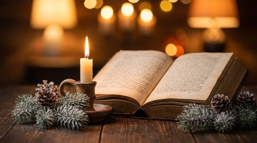 Besinnliche Zitate Weihnachten: brennende Kerze neben einem aufgeschlagenen Gedichtband und Tannenzweigen