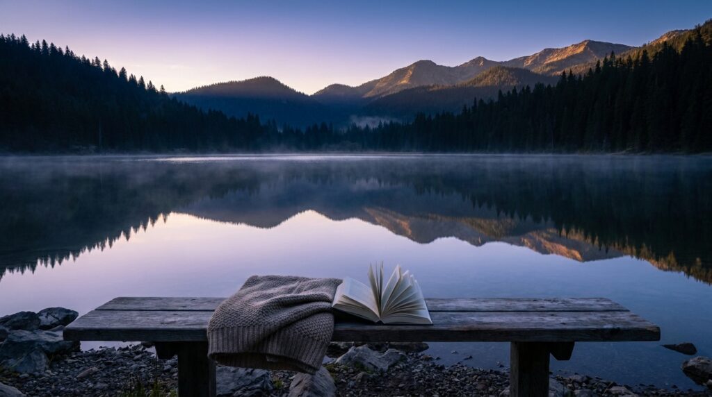 Bergsee in der Abenddämmerung mit einer Holzbank, einer Decke und einem aufgeschlagenen Buch am Ufer
