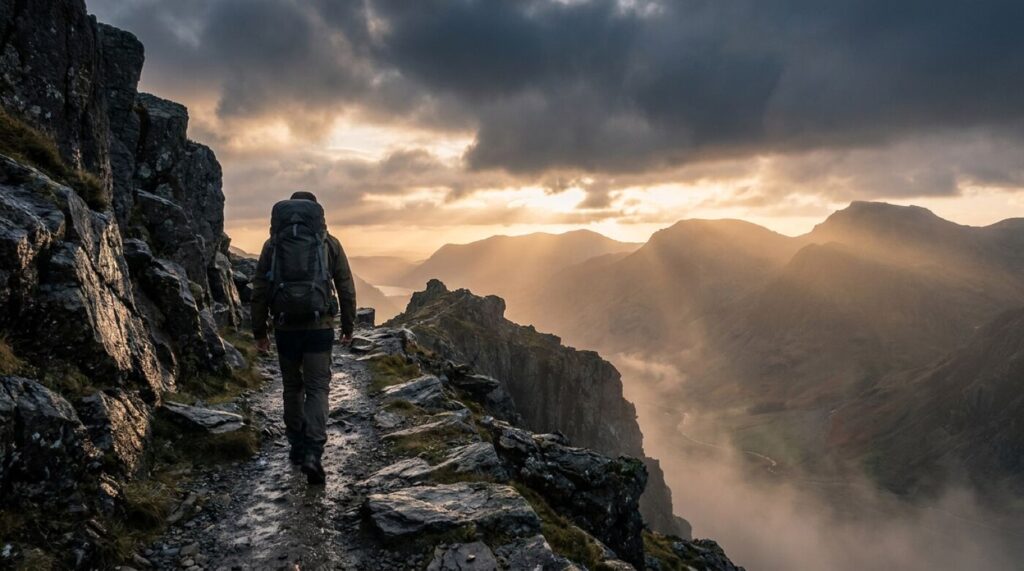 Inspirierende Zitate Krise: Mut in vier Phasen Einzelner Wanderer auf einem Bergpfad im aufziehenden Morgenlicht nach einem Sturm, Symbol für das Durchstehen einer Krise