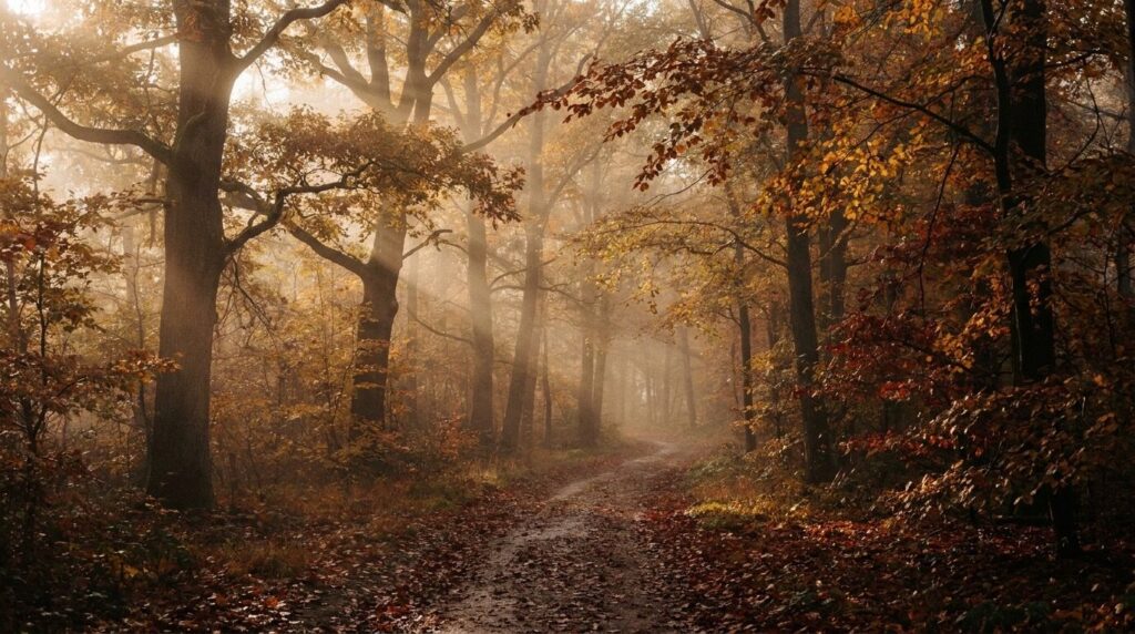 Nebliger Herbstwald mit buntem Laub als Motiv für ein Herbstgedicht