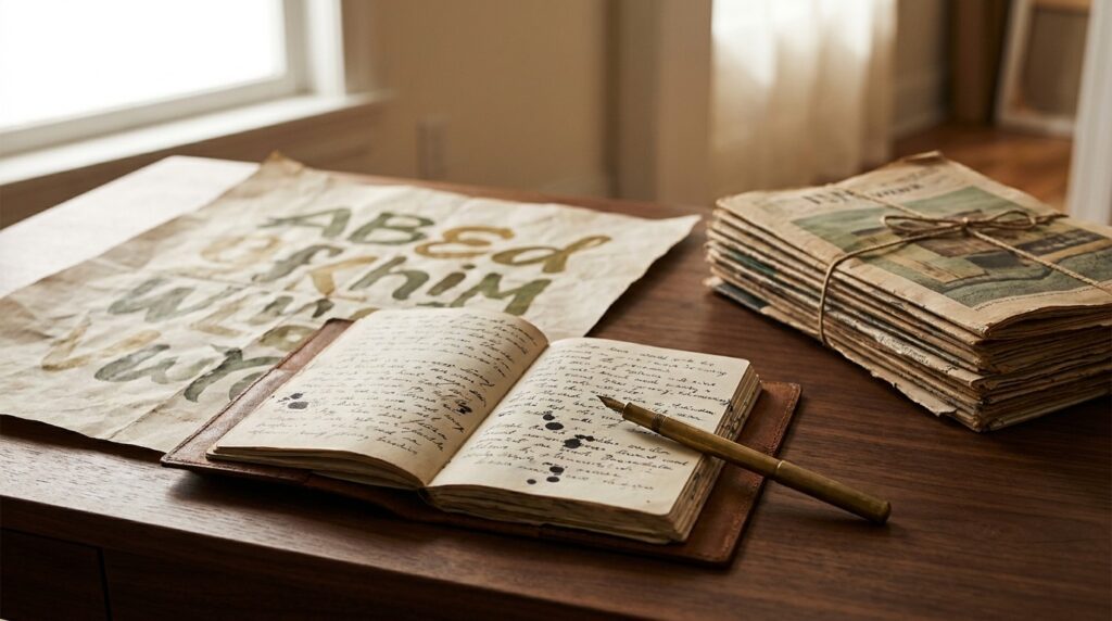 Zitate und Sprüche für Werbung: 8 mit echter Quelle Aufgeschlagenes Notizbuch mit handschriftlichen Zitaten neben einem Werbeplakat-Entwurf auf einem Schreibtisch