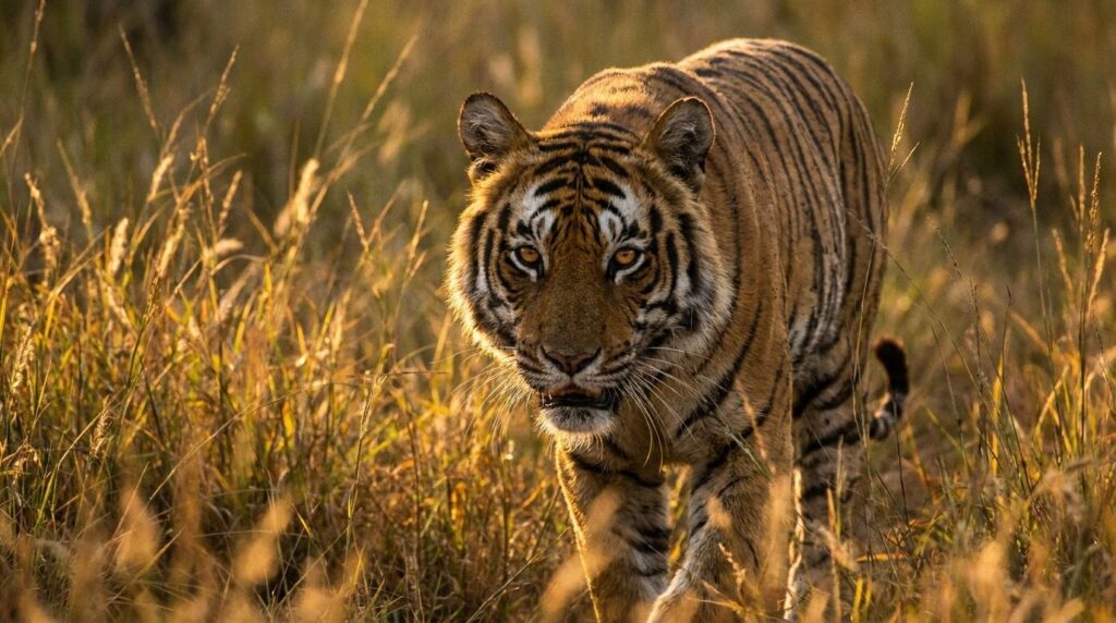 Tiger im hohen Gras als Motiv für ein Zitat über Stärke