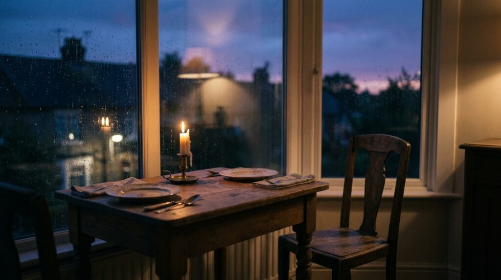 Erwartungen Sprüche mit Quelle: Seneca, Pope, Shakespeare Leerer Stuhl an einem gedeckten Tisch am Fenster, warmes Abendlicht
