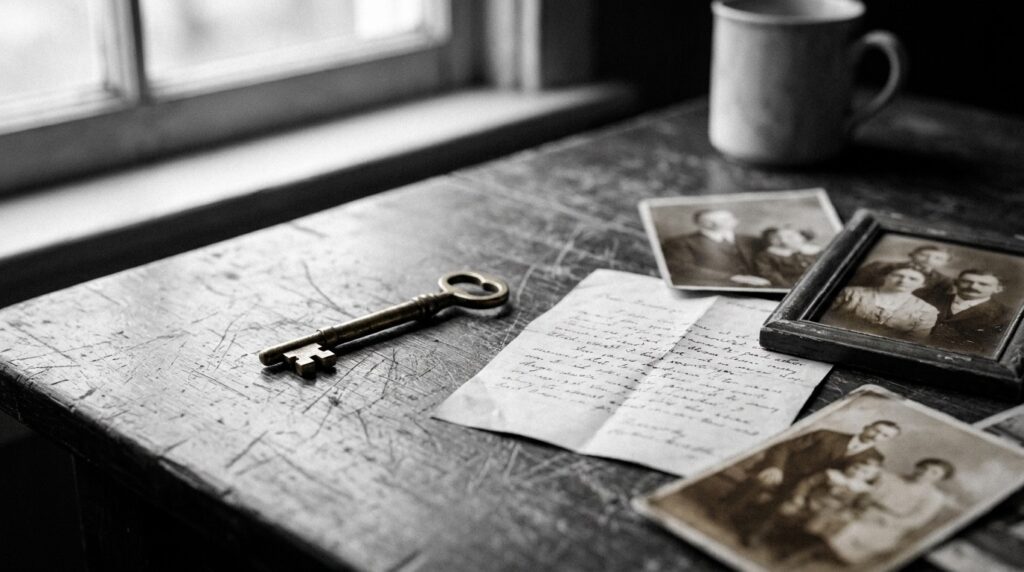 Alte Fotos und ein Brief auf einem Holztisch als Sinnbild für Nostalgie