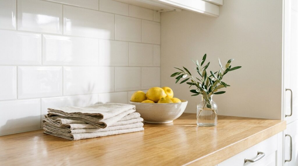 Inspirierende Sprüche Sauberkeit und Ordnung: 7 mit Quelle Aufgeräumte helle Küche mit gefalteten Tüchern und einer Schale Zitronen auf der Arbeitsplatte