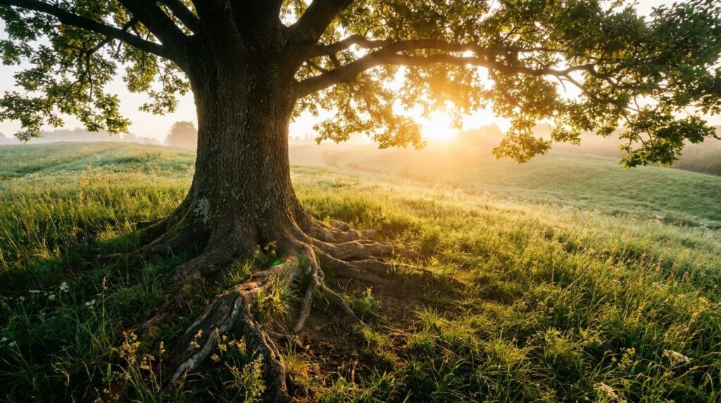 Bäume ausreißen Spruch: Herkunft, Bedeutung, Vorlagen Kräftiger junger Baum mit freigelegten Wurzeln auf einer Wiese im Morgenlicht als Sinnbild für Tatendrang