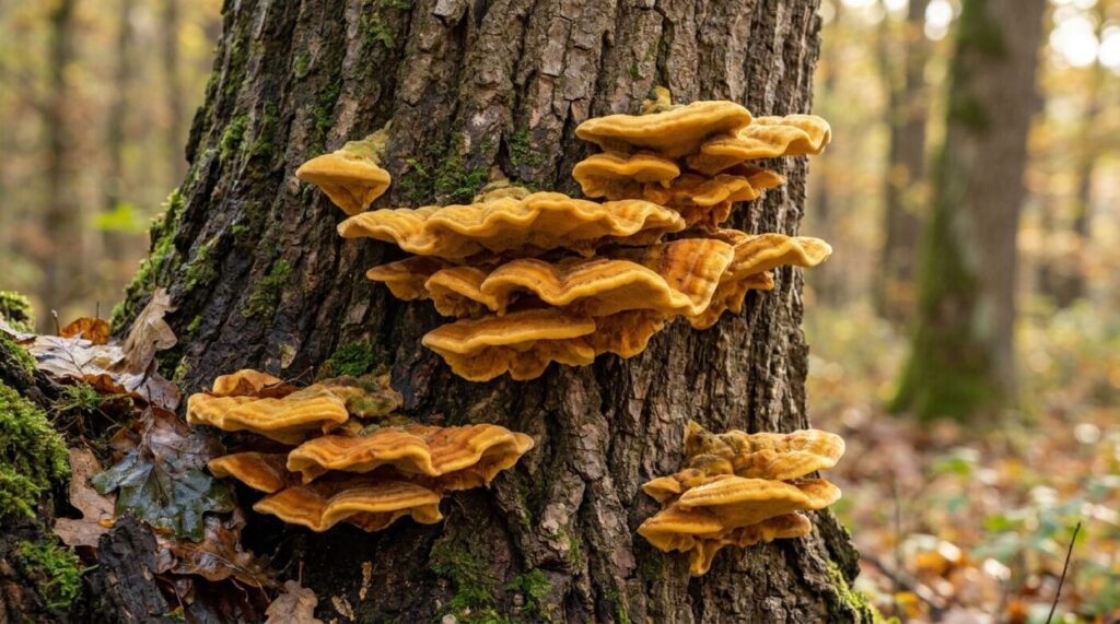 Gelb-oranger Baumpilz an der Rinde eines alten Laubbaums, Thema Pilze am Baumstamm erkennen