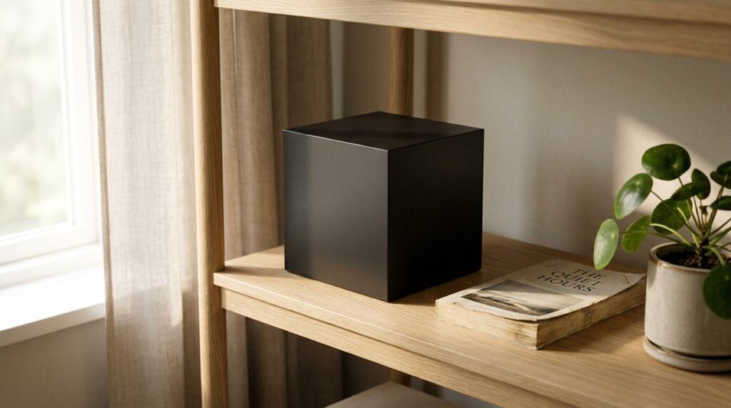 Leela Q Quantum Bloc als kompaktes Objekt auf einem Regal im Arbeitszimmer