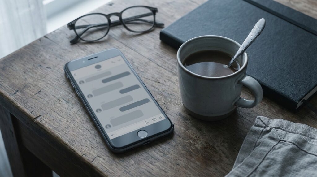 Smartphone mit stummgeschaltetem Chatfenster auf einem Holztisch neben einer abgekühlten Tasse Kaffee