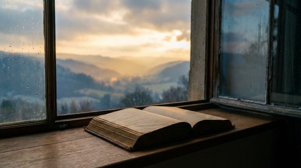 Sprüche für mehr Fantasie: Zitate mit echter Quelle Aufgeschlagenes Buch auf einer Fensterbank, dahinter eine nebelverhangene Landschaft im Abendlicht
