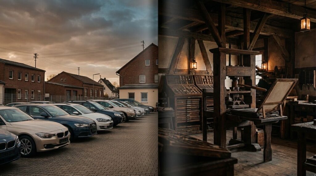 Gutenberg Automobile: Woher der Name wirklich kommt Autohandel mit dem Namen Gutenberg vor einem historischen Buchdruck-Motiv
