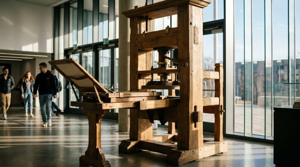Historische Druckerpresse vor dem Campus der Johannes Gutenberg Universität Mainz