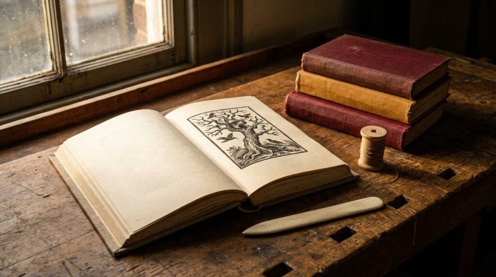 Aufgeschlagenes, handwerklich gebundenes Buch auf einem Werktisch als Sinnbild für die Büchergilde Gutenberg