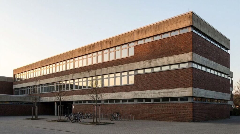 Gutenberg-Gymnasium Bergheim: Herkunft des Namens Modernes Schulgebäude aus den 1970er Jahren mit Backsteinfassade und Flachdach