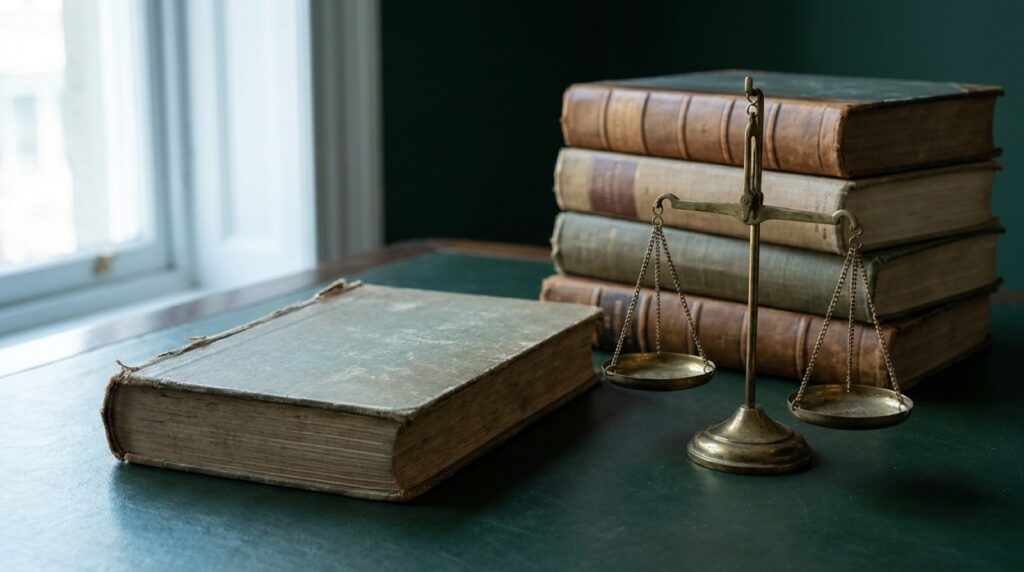 Josefine Mutzenbacher: Projekt Gutenberg und BVerfG 1990 Aufgeschlagenes historisches Buch neben einer Justitia-Waage als Sinnbild für den Rechtsstreit um Josefine Mutzenbacher